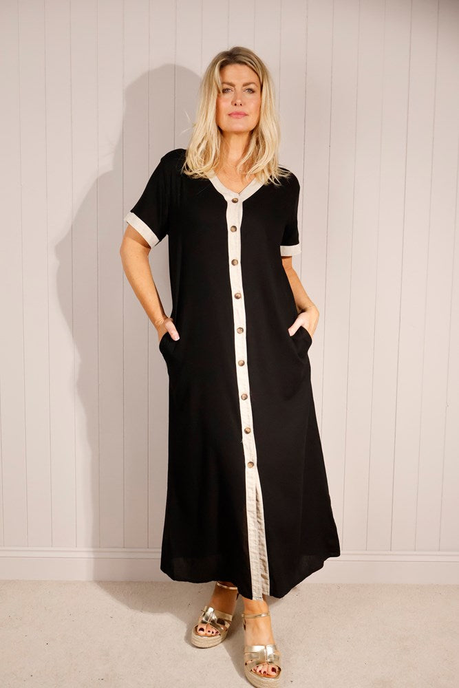 Linen Mix Contrast Trim Maxi Dress