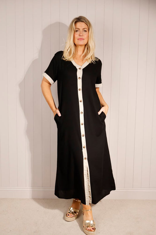 Linen Mix Contrast Trim Maxi Dress