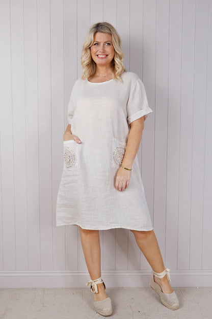 Linen Sequin Pocket Dress - Beige