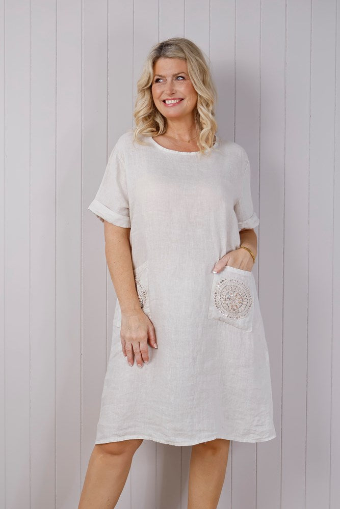 Linen Sequin Pocket Dress - Beige