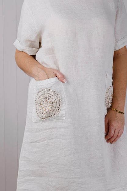 Linen Sequin Pocket Dress - Beige