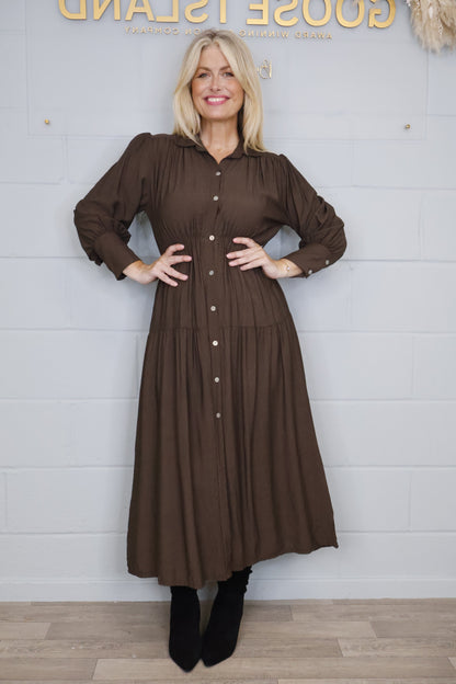 Tiered Button Elasticated Waist Dress - Chocolate