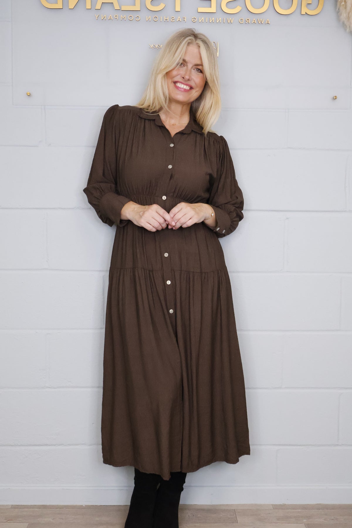 Tiered Button Elasticated Waist Dress - Chocolate