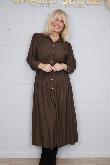 Tiered Button Elasticated Waist Dress - Chocolate