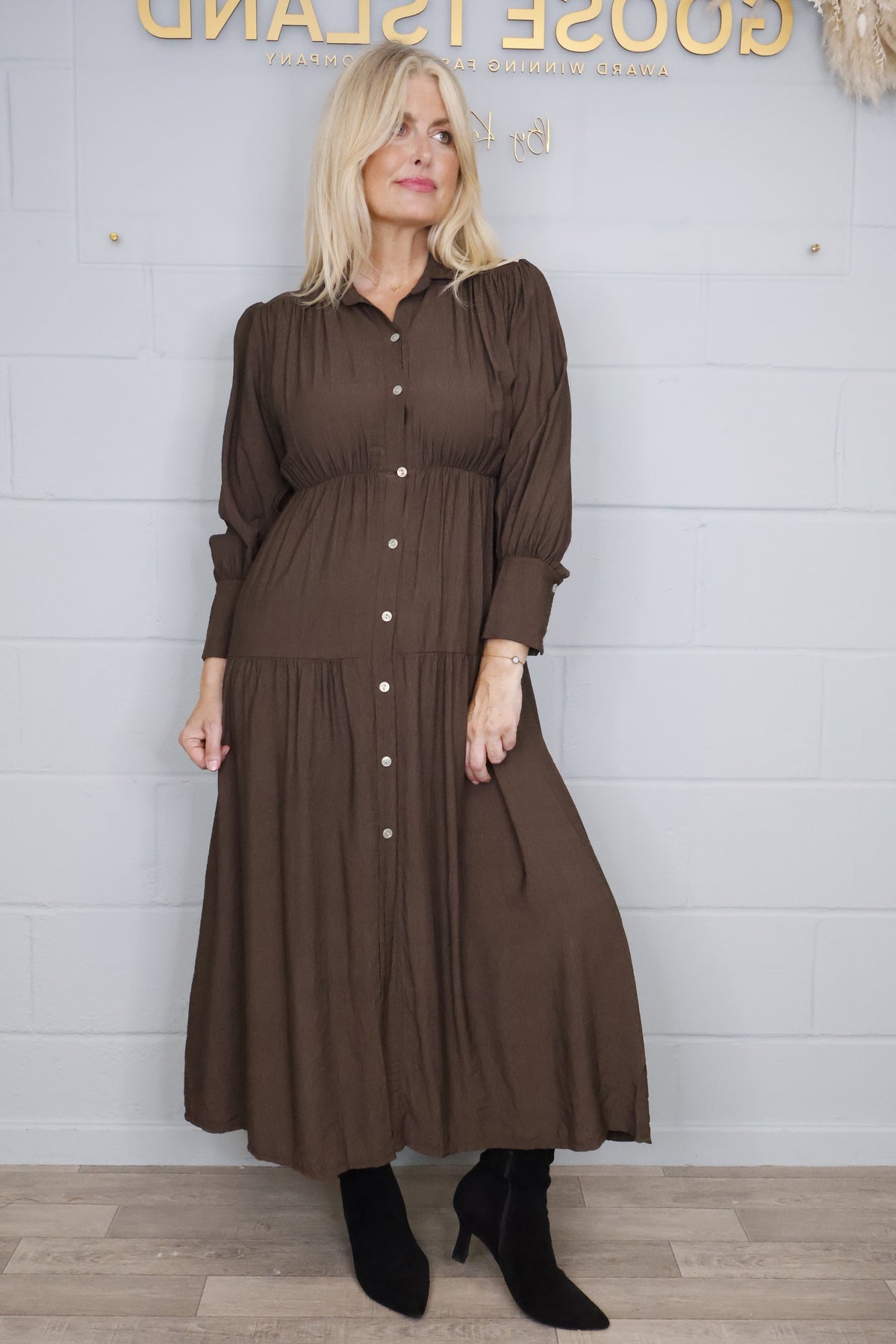 Tiered Button Elasticated Waist Dress - Chocolate
