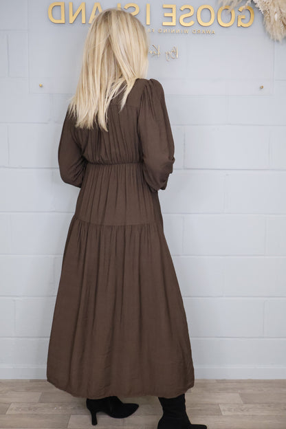 Tiered Button Elasticated Waist Dress - Chocolate