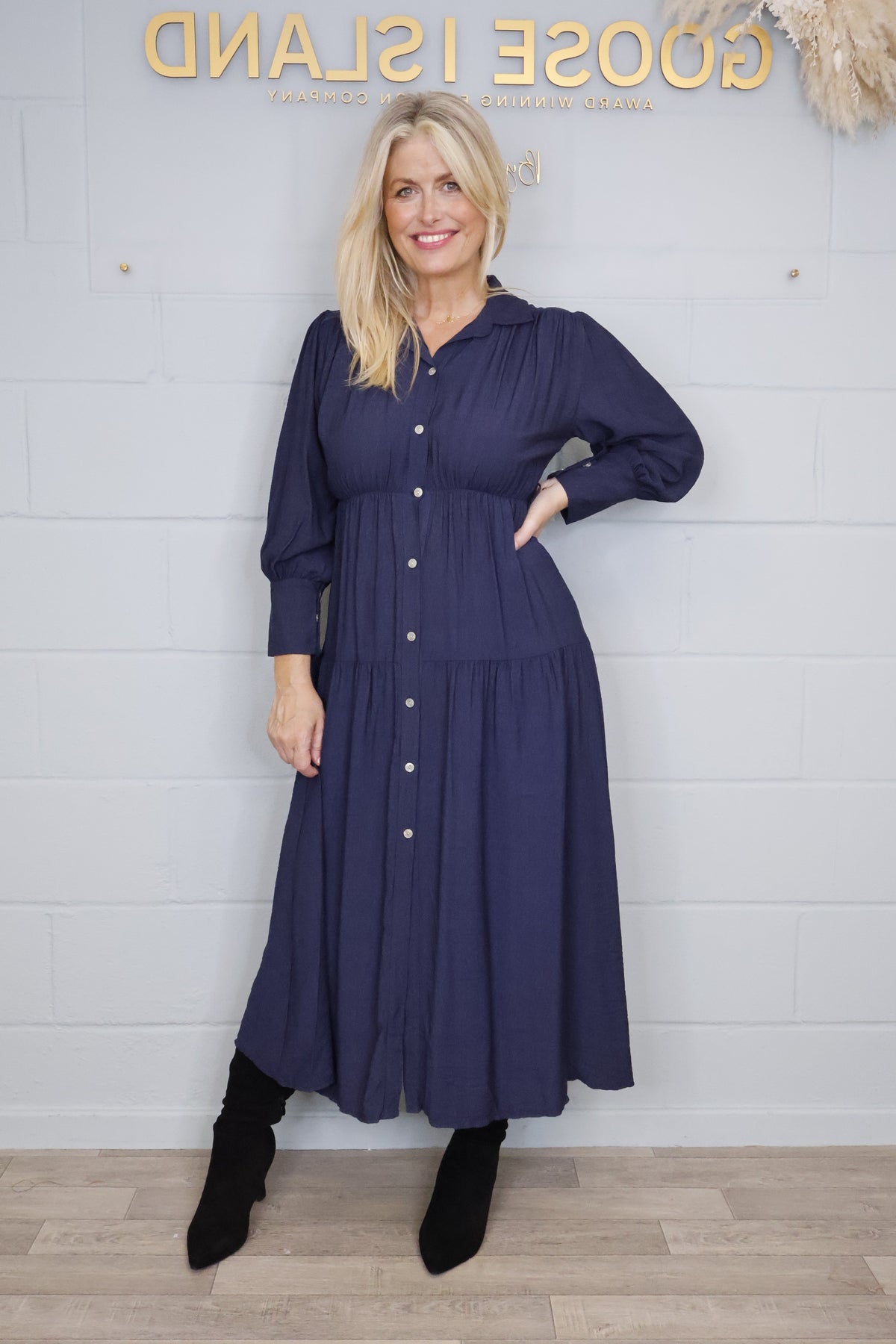 Tiered Button Elasticated Waist Dress - Navy