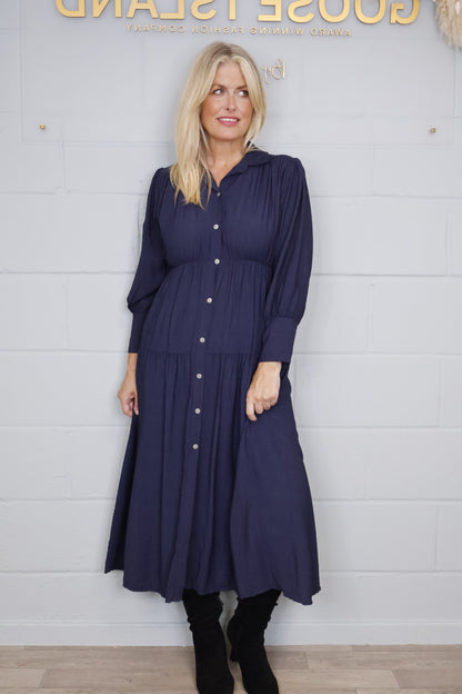 Tiered Button Elasticated Waist Dress - Navy