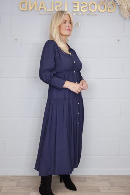 Tiered Button Elasticated Waist Dress - Navy