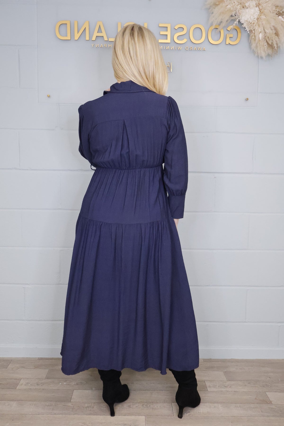 Tiered Button Elasticated Waist Dress - Navy