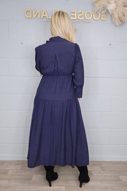 Tiered Button Elasticated Waist Dress - Navy