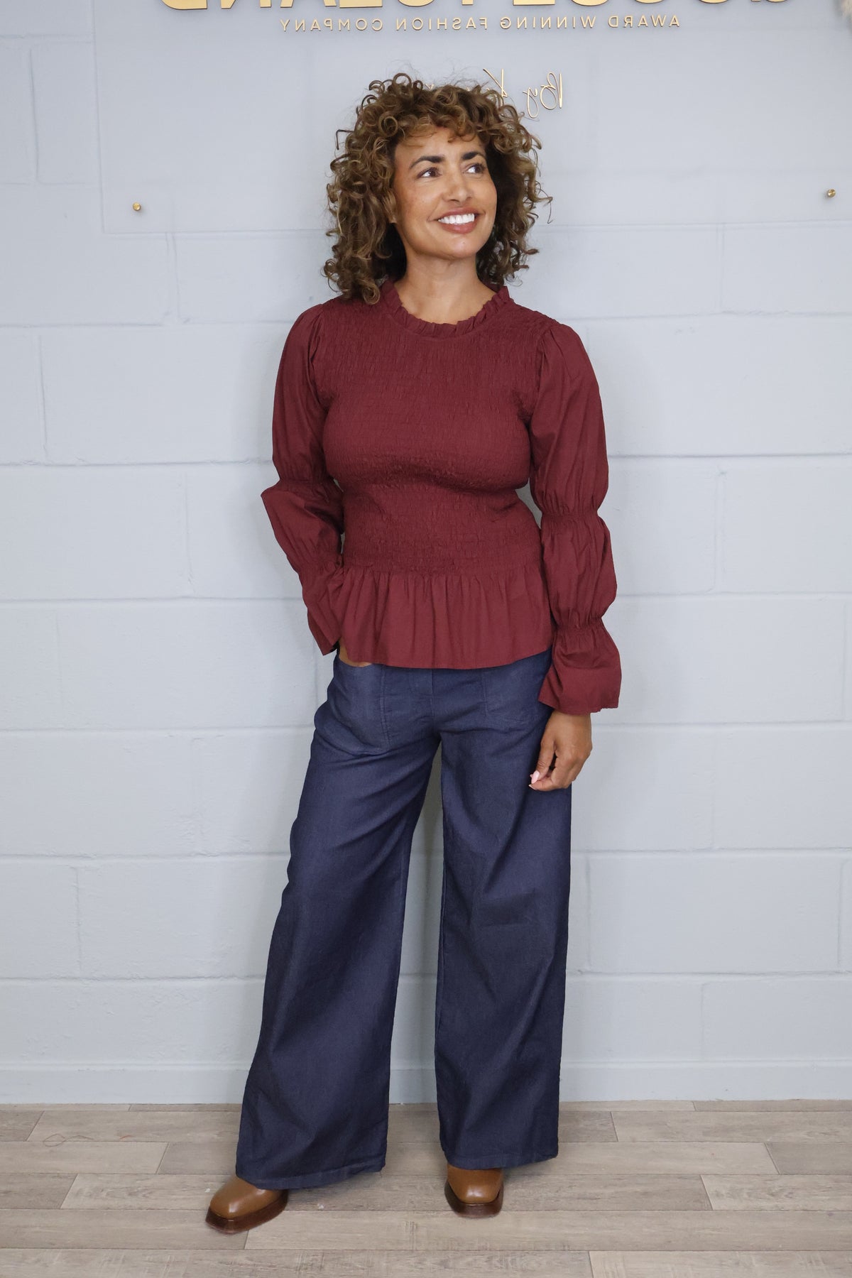 Cotton Shirred Long Sleeve Blouse - Wine
