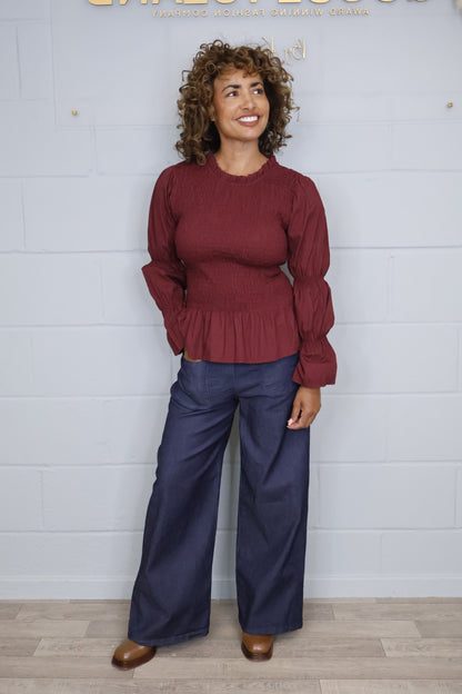 Cotton Shirred Long Sleeve Blouse - Wine