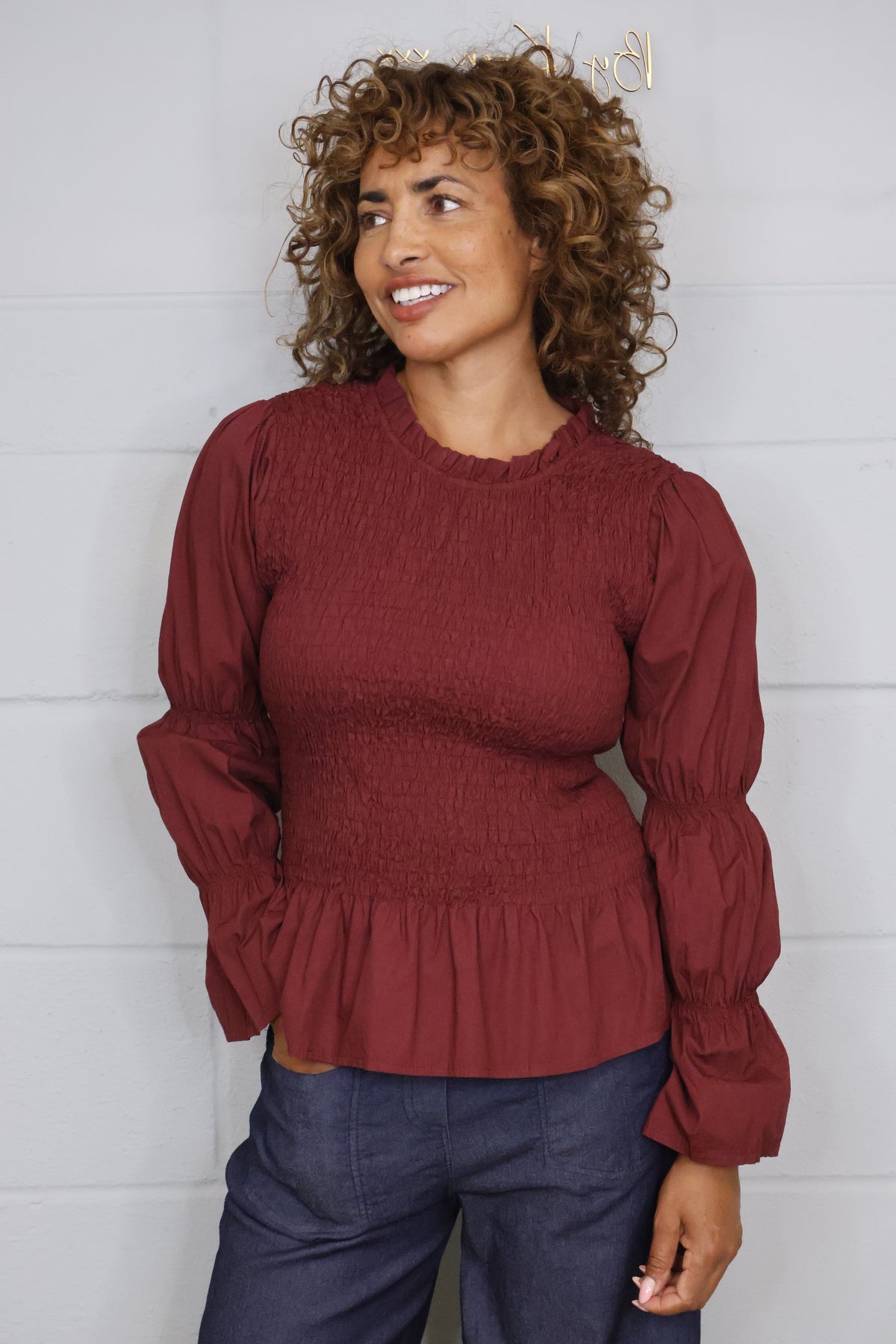 Cotton Shirred Long Sleeve Blouse - Wine