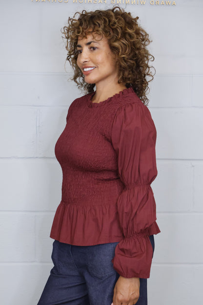 Cotton Shirred Long Sleeve Blouse - Wine