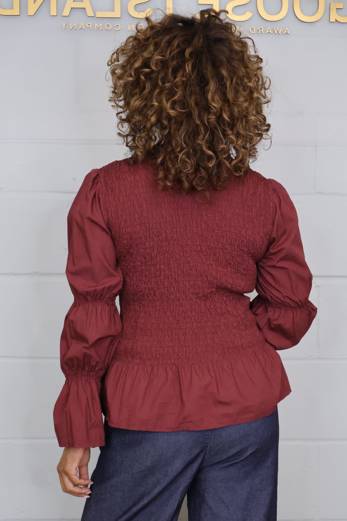 Cotton Shirred Long Sleeve Blouse - Wine