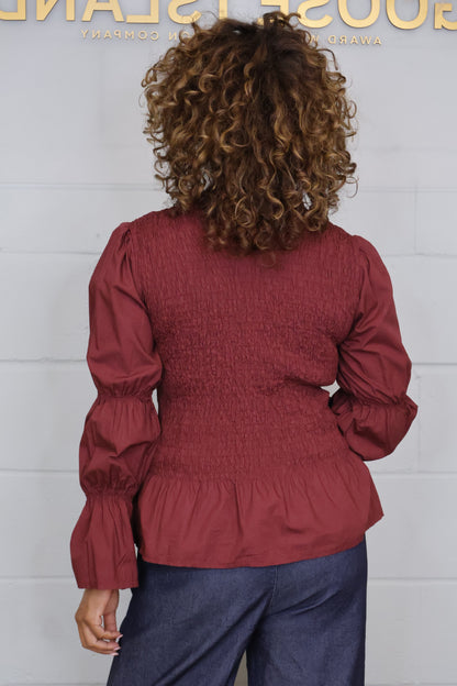 Cotton Shirred Long Sleeve Blouse - Wine