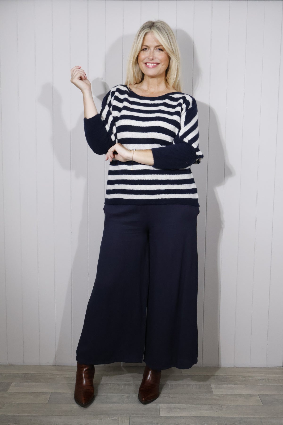Lana Wool Striped Wide Neck Jumper - Navy