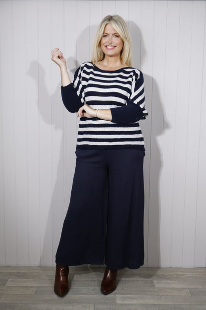 Lana Wool Striped Wide Neck Jumper - Navy