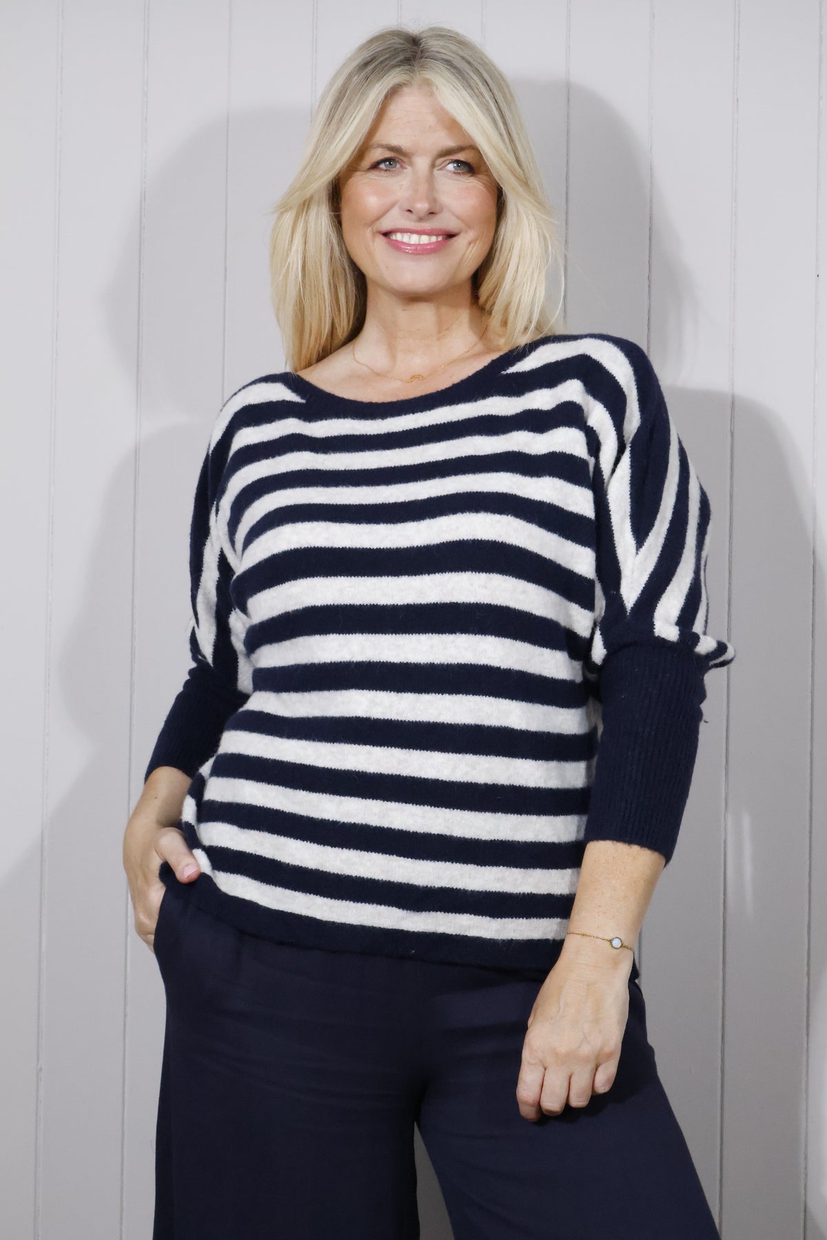 Lana Wool Striped Wide Neck Jumper - Navy