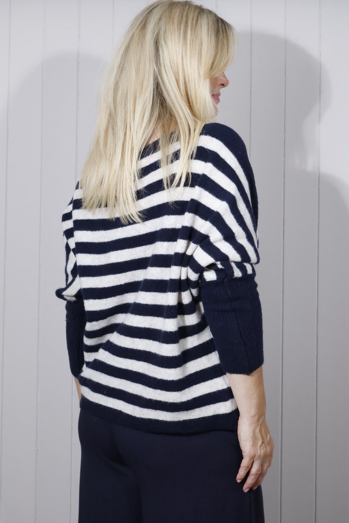 Lana Wool Striped Wide Neck Jumper - Navy