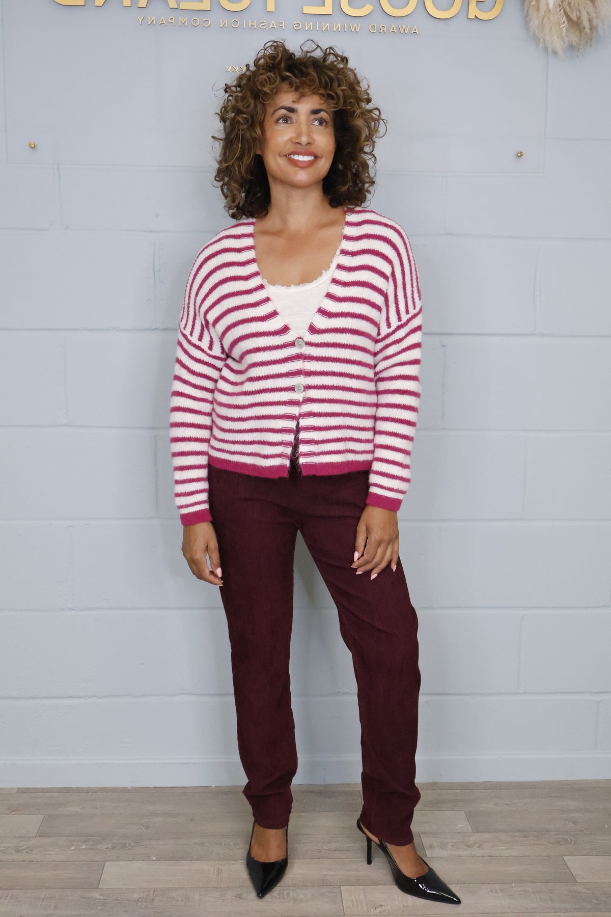 Woollen Knitted Striped Cardigan - Berry