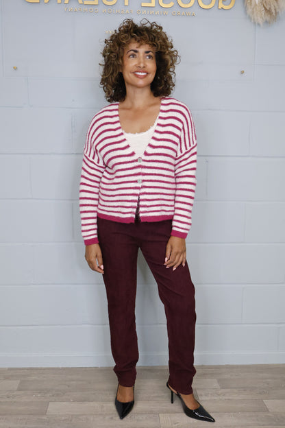 Woollen Knitted Striped Cardigan - Berry