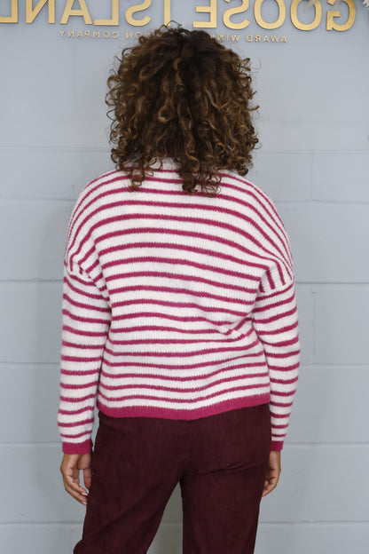 Woollen Knitted Striped Cardigan - Berry