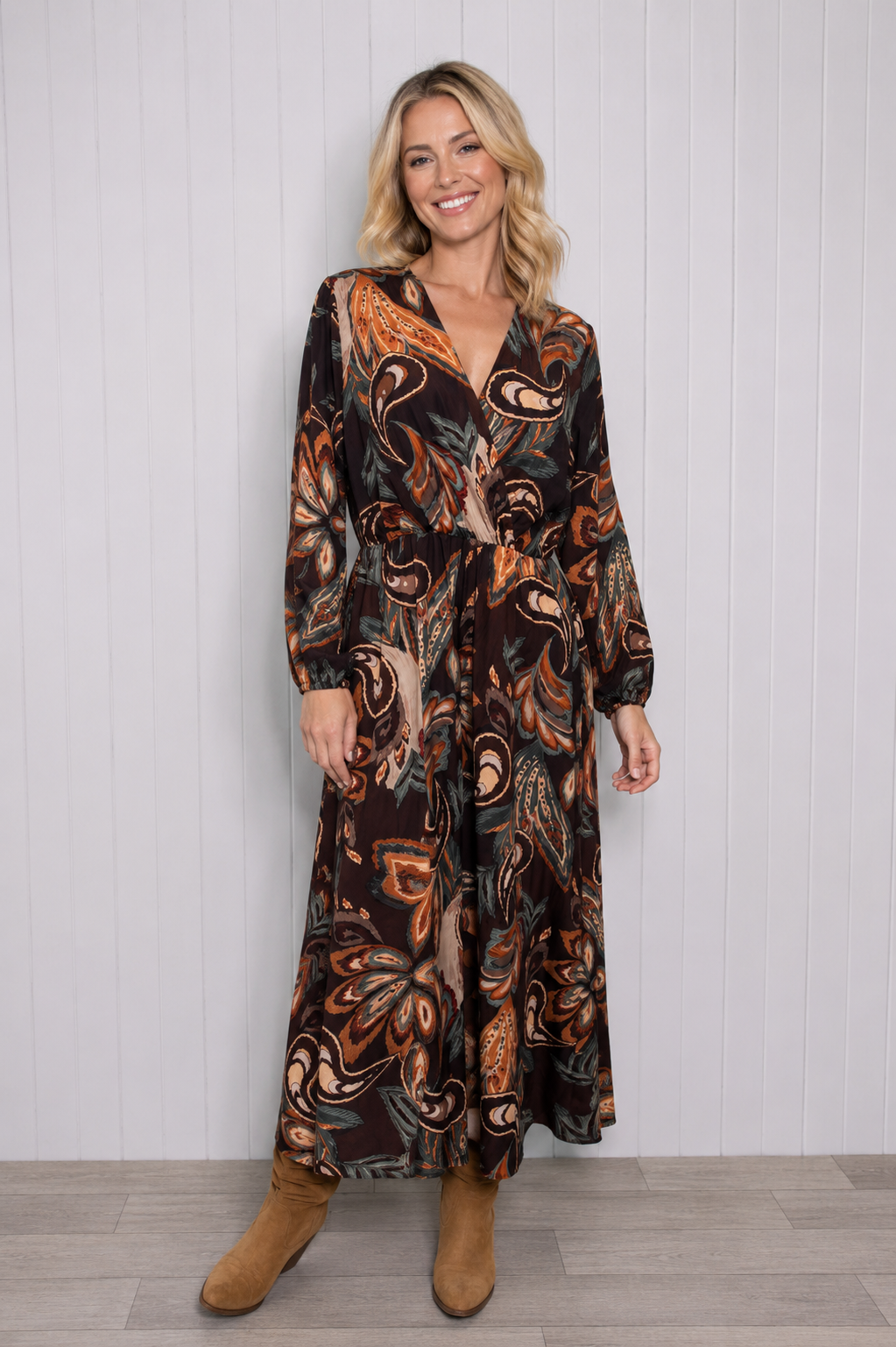 Floral Empire Cross Over Dress - Chocolate