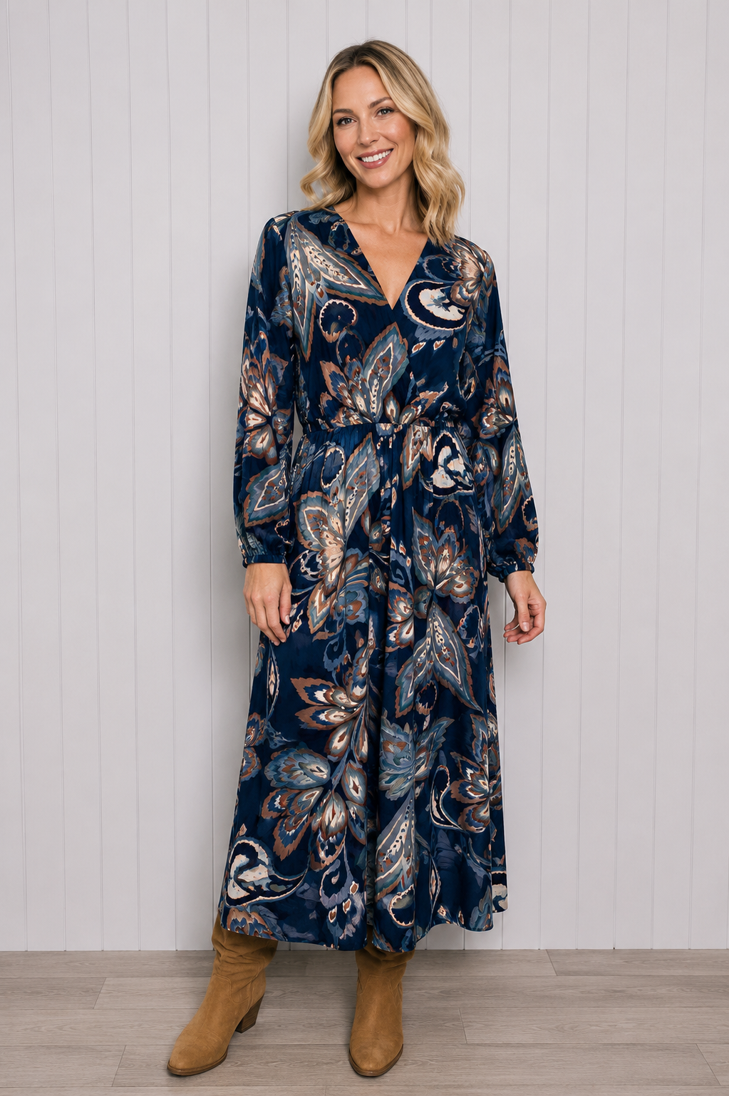 Floral Empire Cross Over Dress - Navy