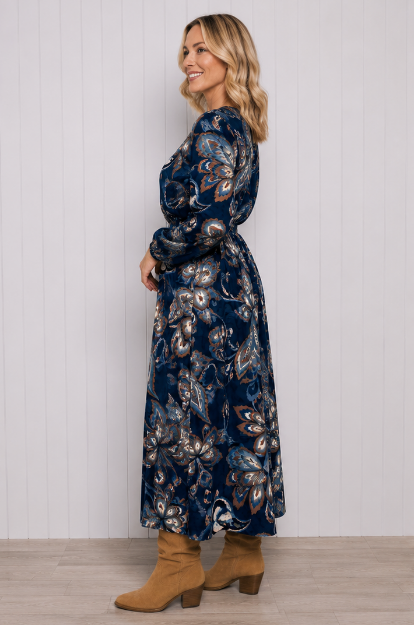 Floral Empire Cross Over Dress - Navy