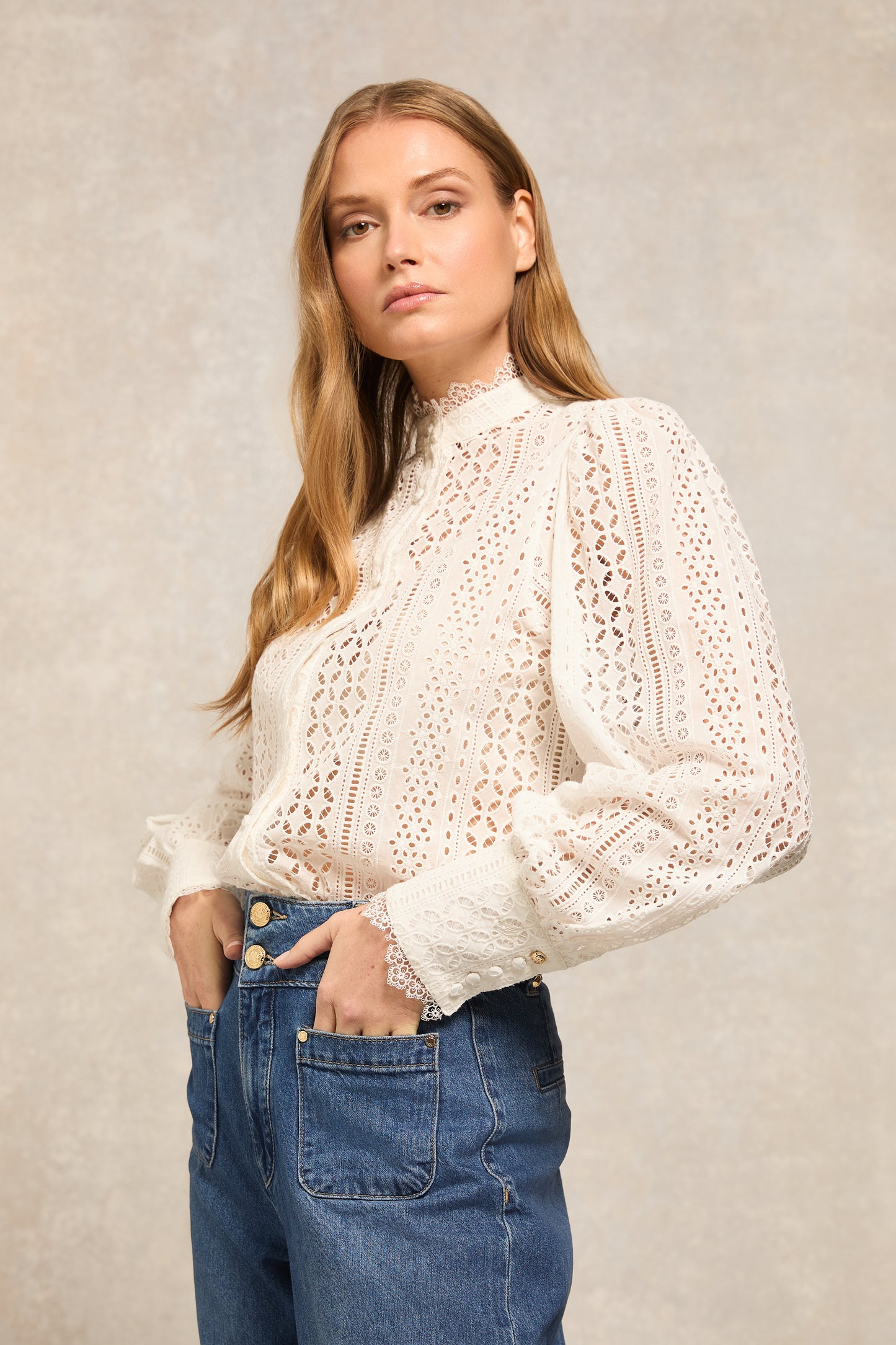 Collarless Broderie Shirt
