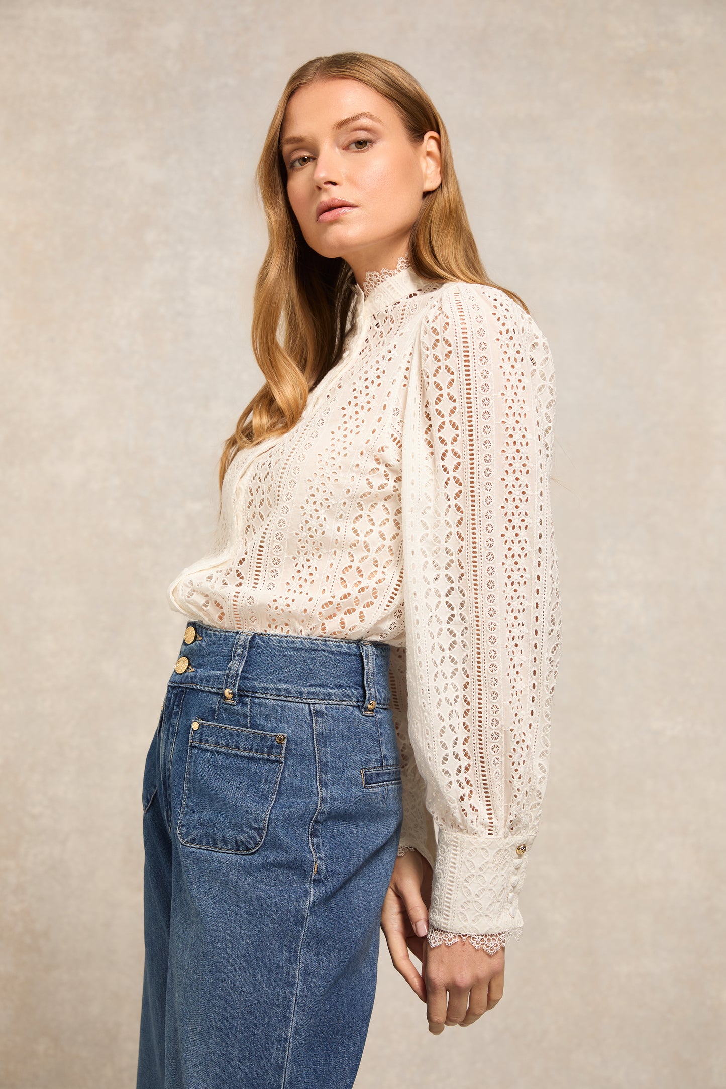 Collarless Broderie Shirt