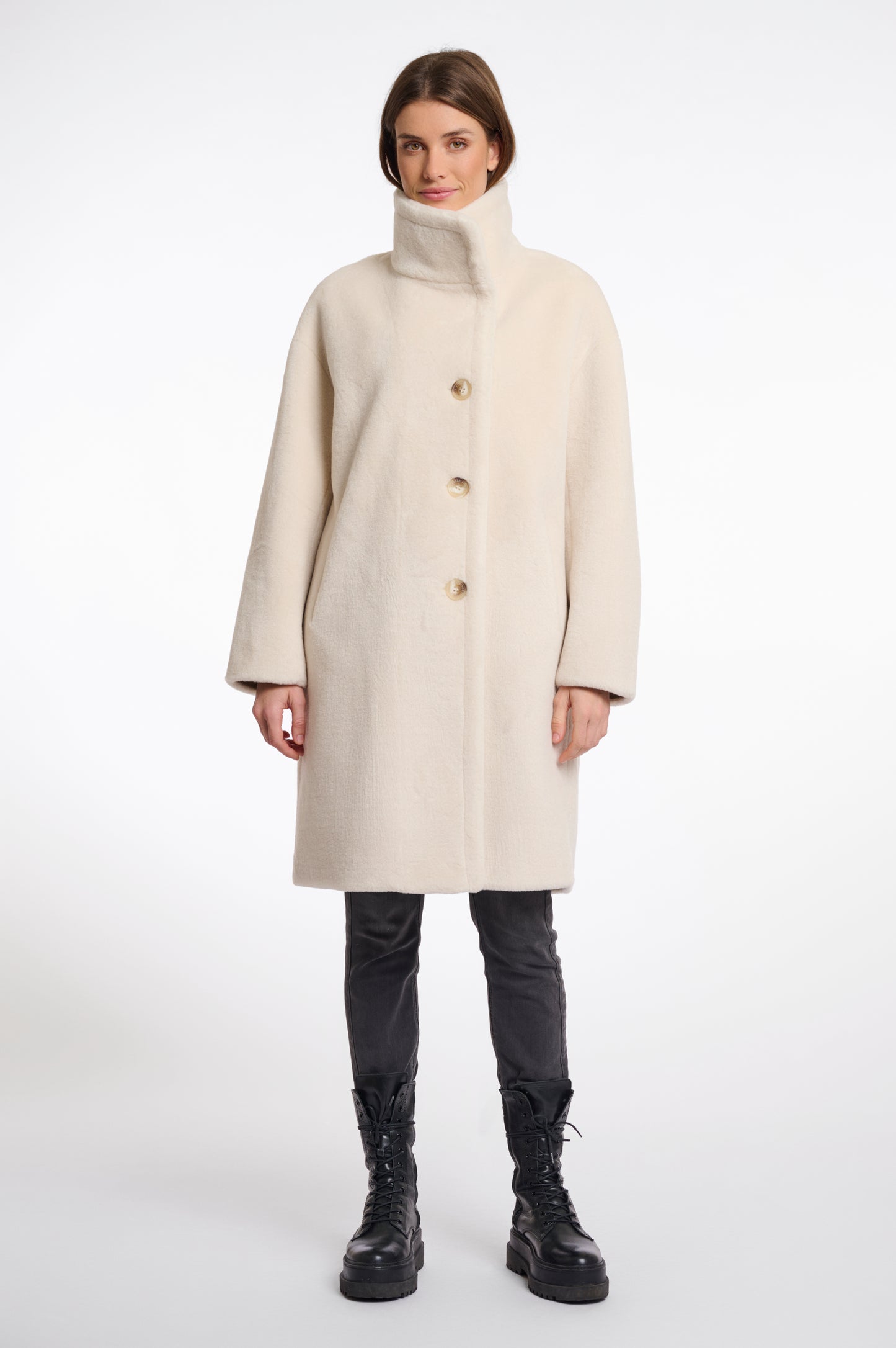 Faux fur coat with high collar