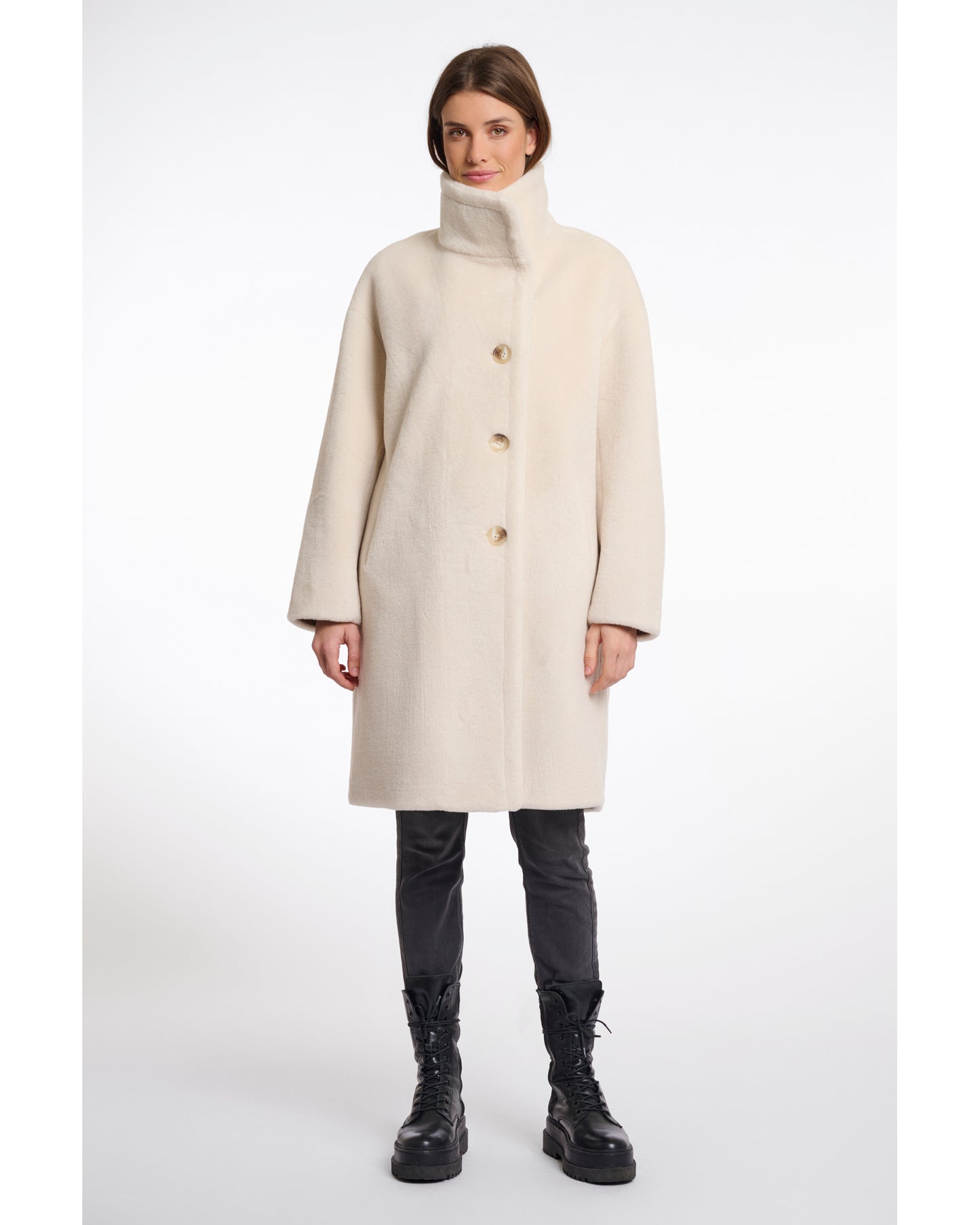 Faux fur coat with high collar