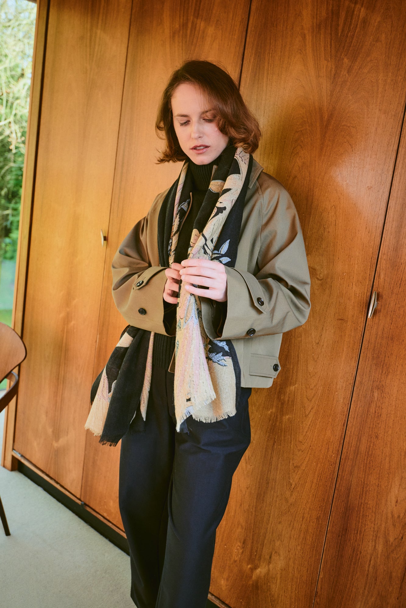 Crane Black Wool Scarf