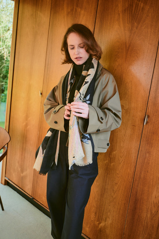 Crane Black Wool Scarf