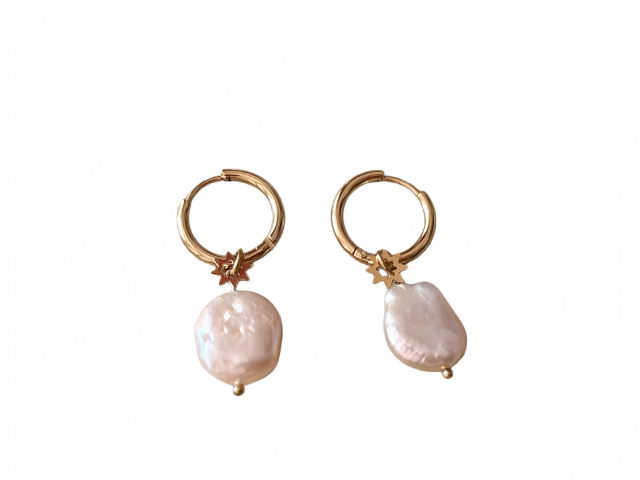 Freshwater Pearl Star Detail Huggie Earrings in Gold