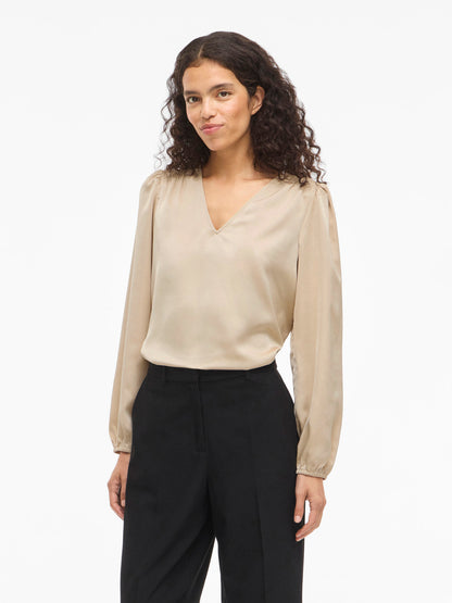 Vielette Long Sleeve Smock Satin Top