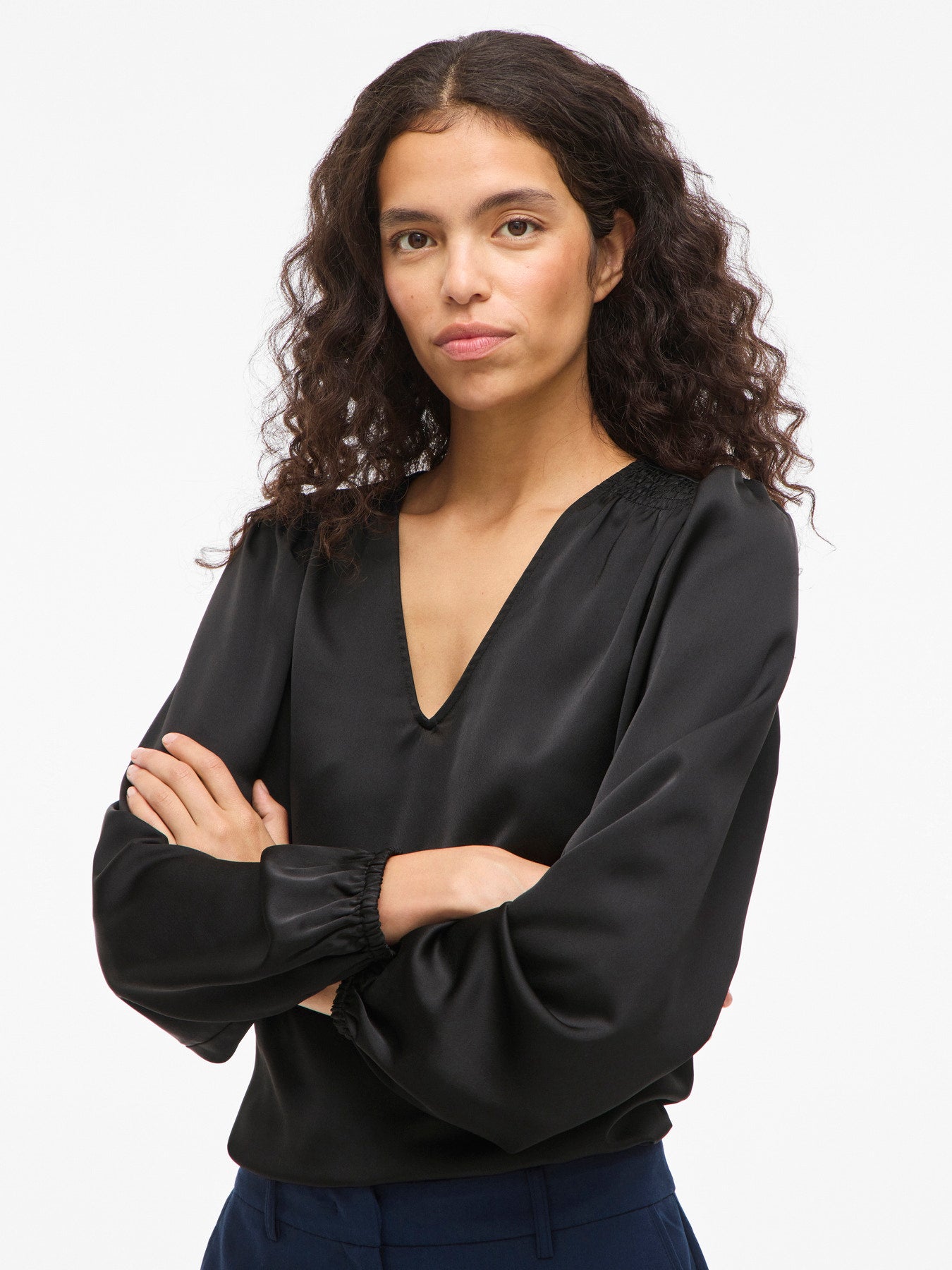 Vielette Long Sleeve Smock Satin Top