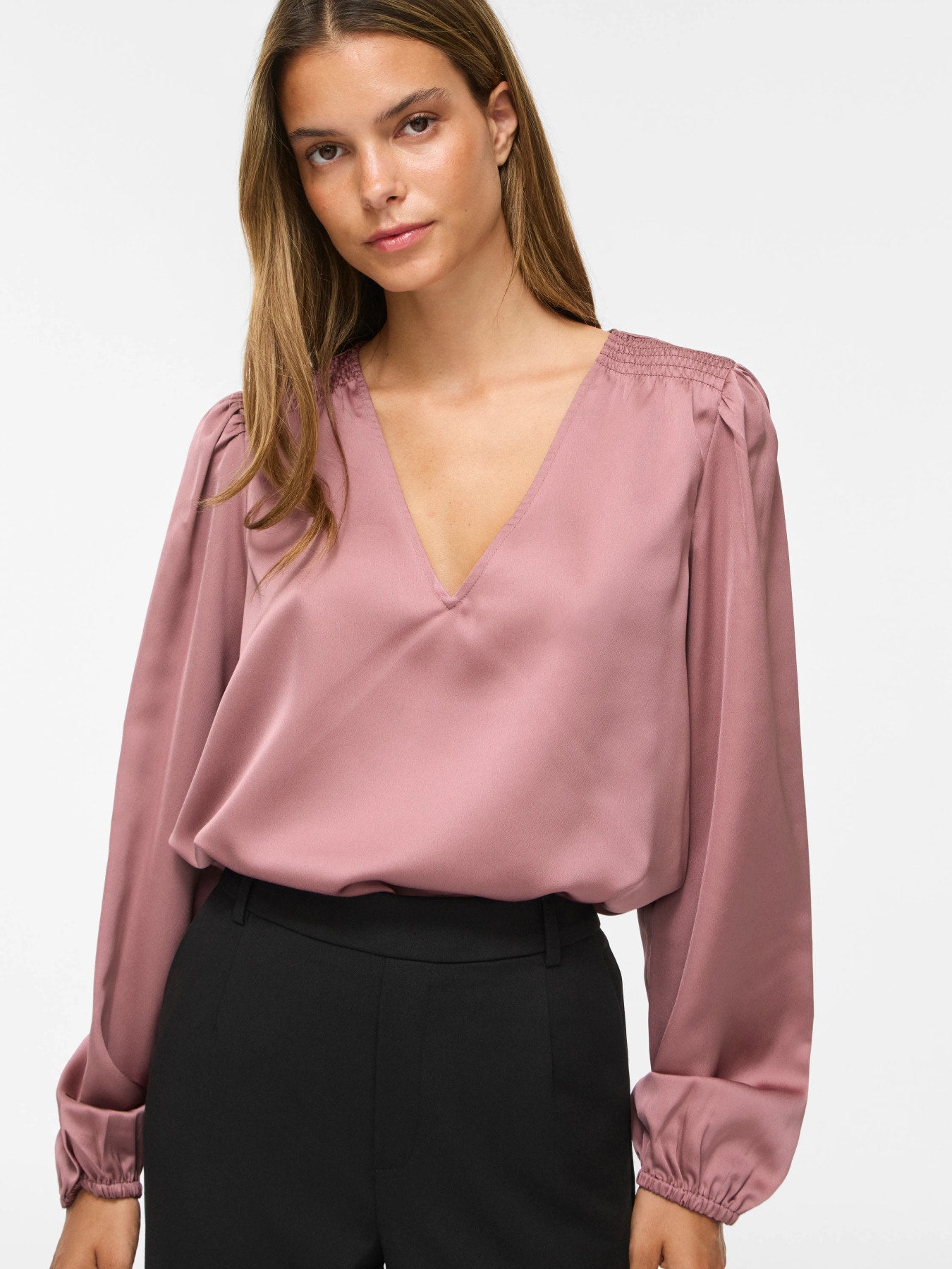 Vielette Long Sleeve Smock Satin Top