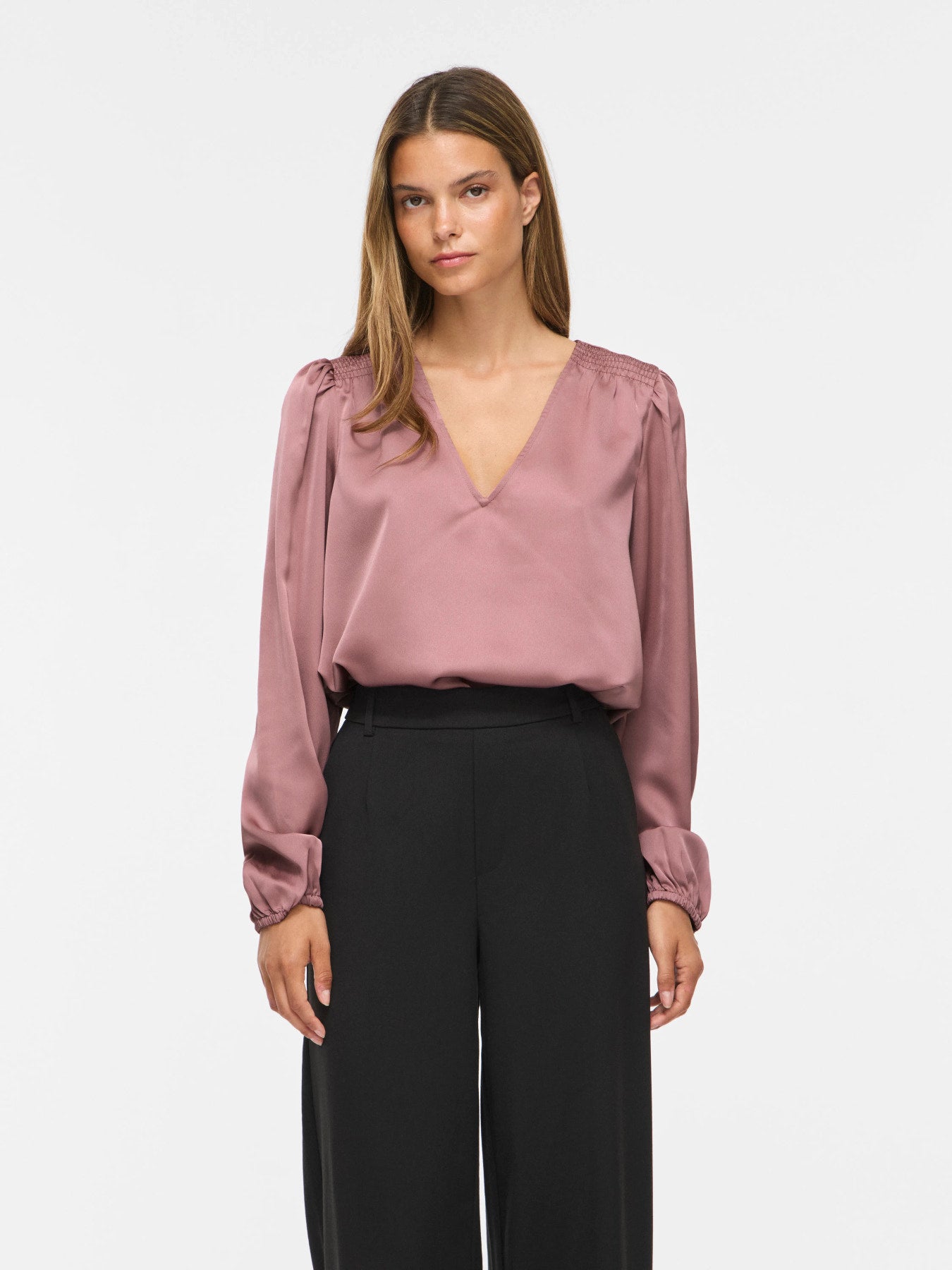 Vielette Long Sleeve Smock Satin Top