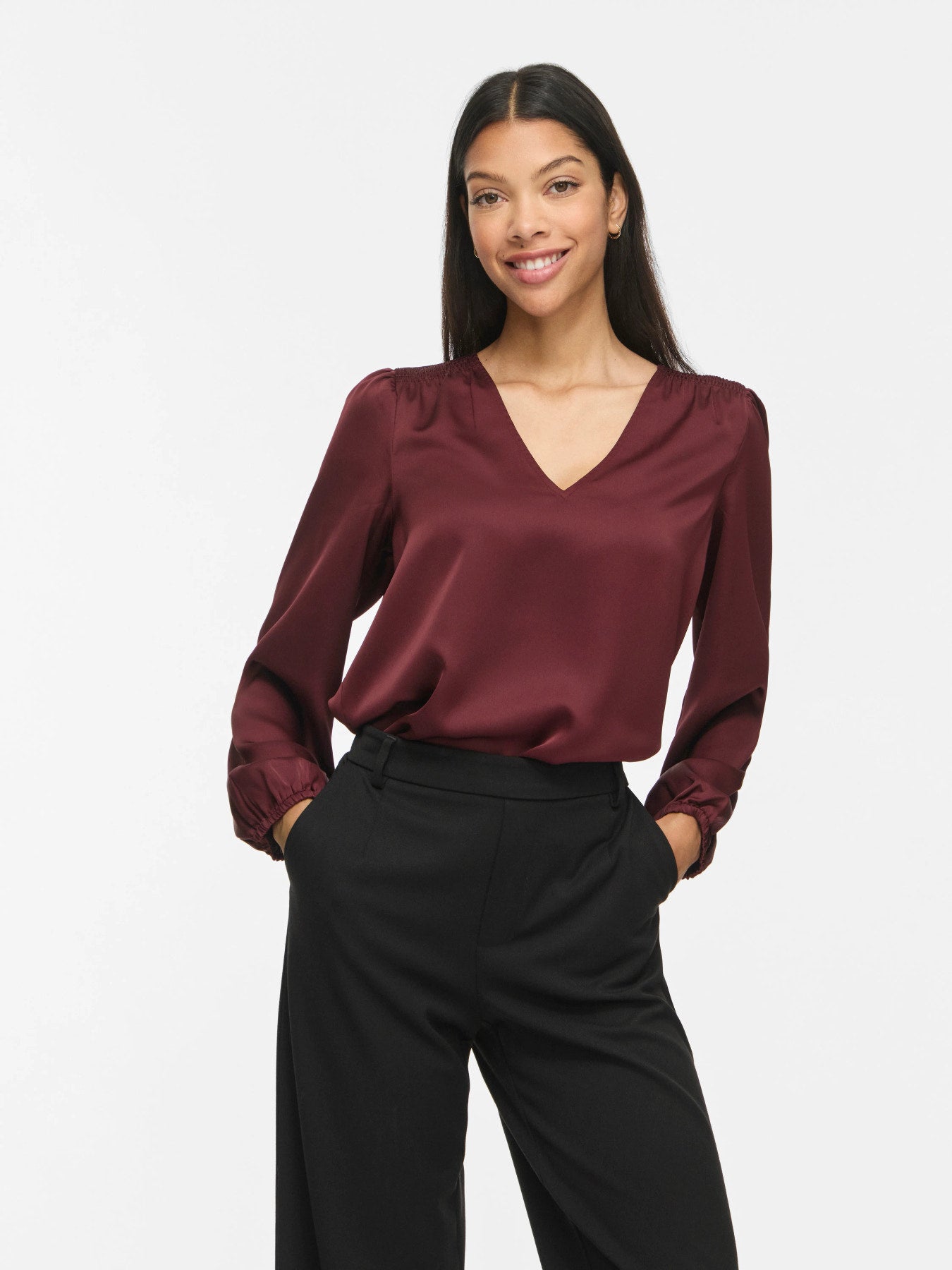 Vielette Long Sleeve Smock Satin Top