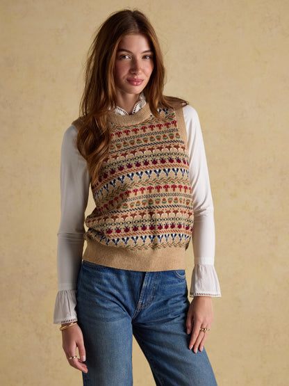 Woodland Oatmeal Cotton-Rich Intarsia Crew Neck Knitted Vest
