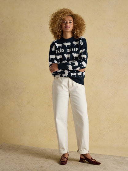Intarsia Knitted Tres Sheep Relaxed Fit Jumper with Crew Neck