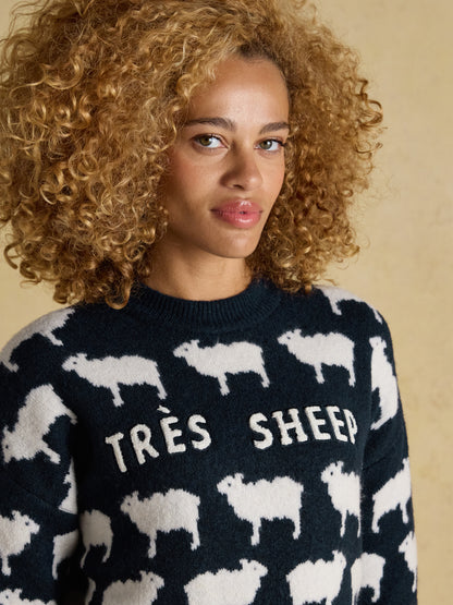 Intarsia Knitted Tres Sheep Relaxed Fit Jumper with Crew Neck