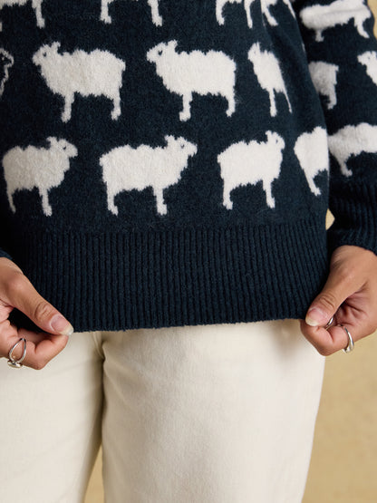Intarsia Knitted Tres Sheep Relaxed Fit Jumper with Crew Neck