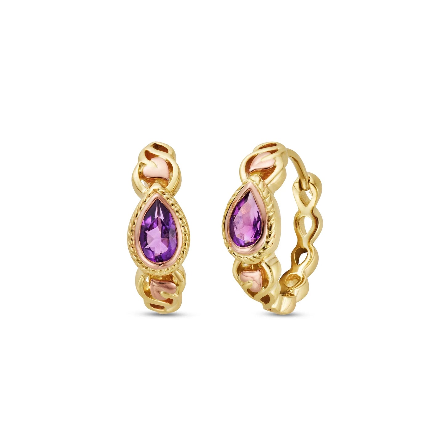 Royal Clogau 9ct Solid Gold Delphinium Huggie Hoop Earrings with Amethysts