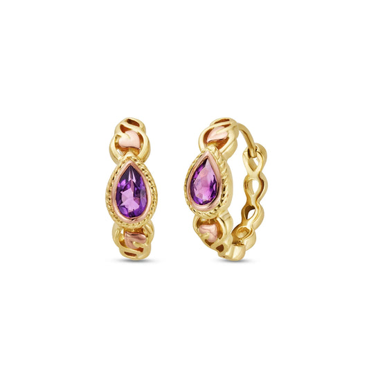 Royal Clogau 9ct Solid Gold Delphinium Huggie Hoop Earrings with Amethysts