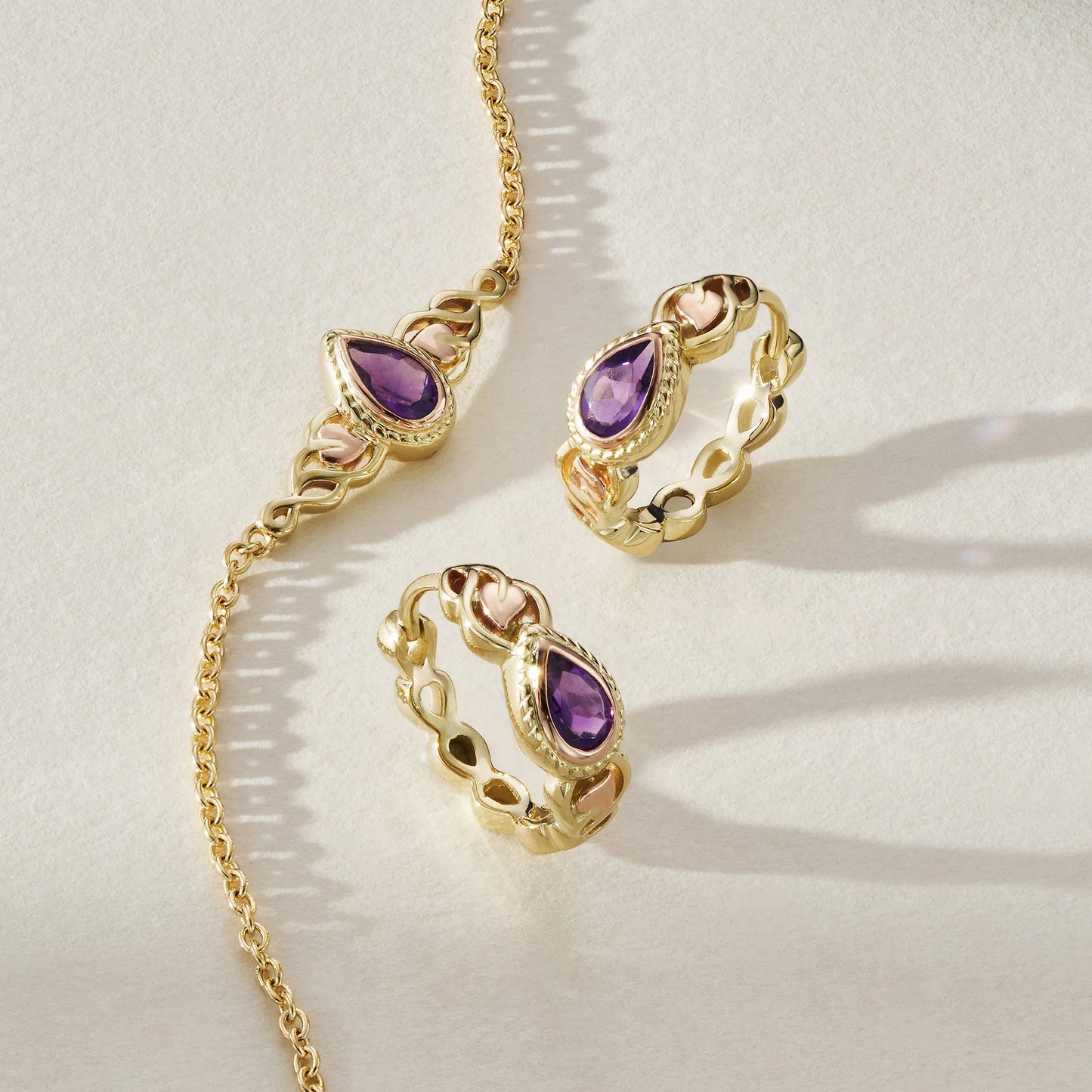 Royal Clogau 9ct Solid Gold Delphinium Huggie Hoop Earrings with Amethysts
